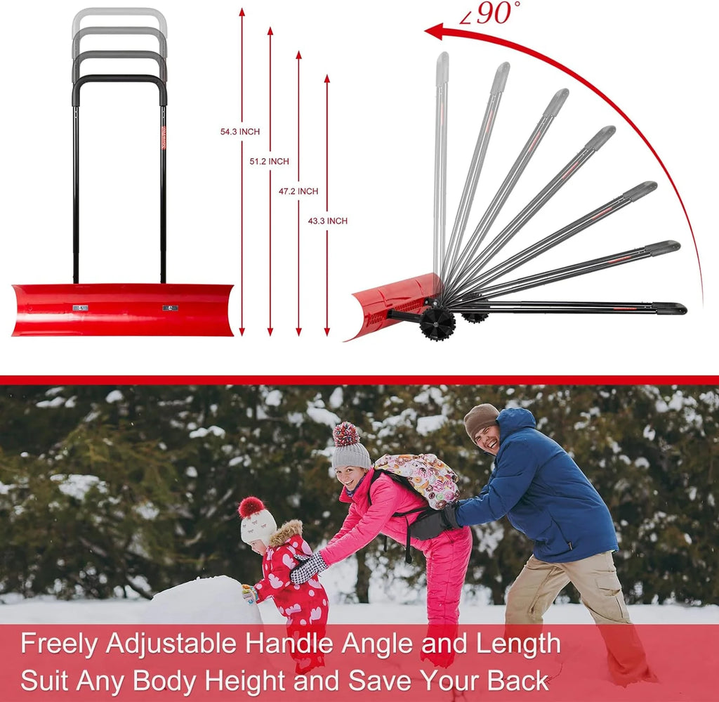 38 Inch Snow Shovel for Driveway,Bi-Direction Heavy Duty Snow Pusher with Wheels and Angled Blade for Efficient Snow Removal, Back Saver Snow Plow for Dorway Sidewalk - Big Wheels