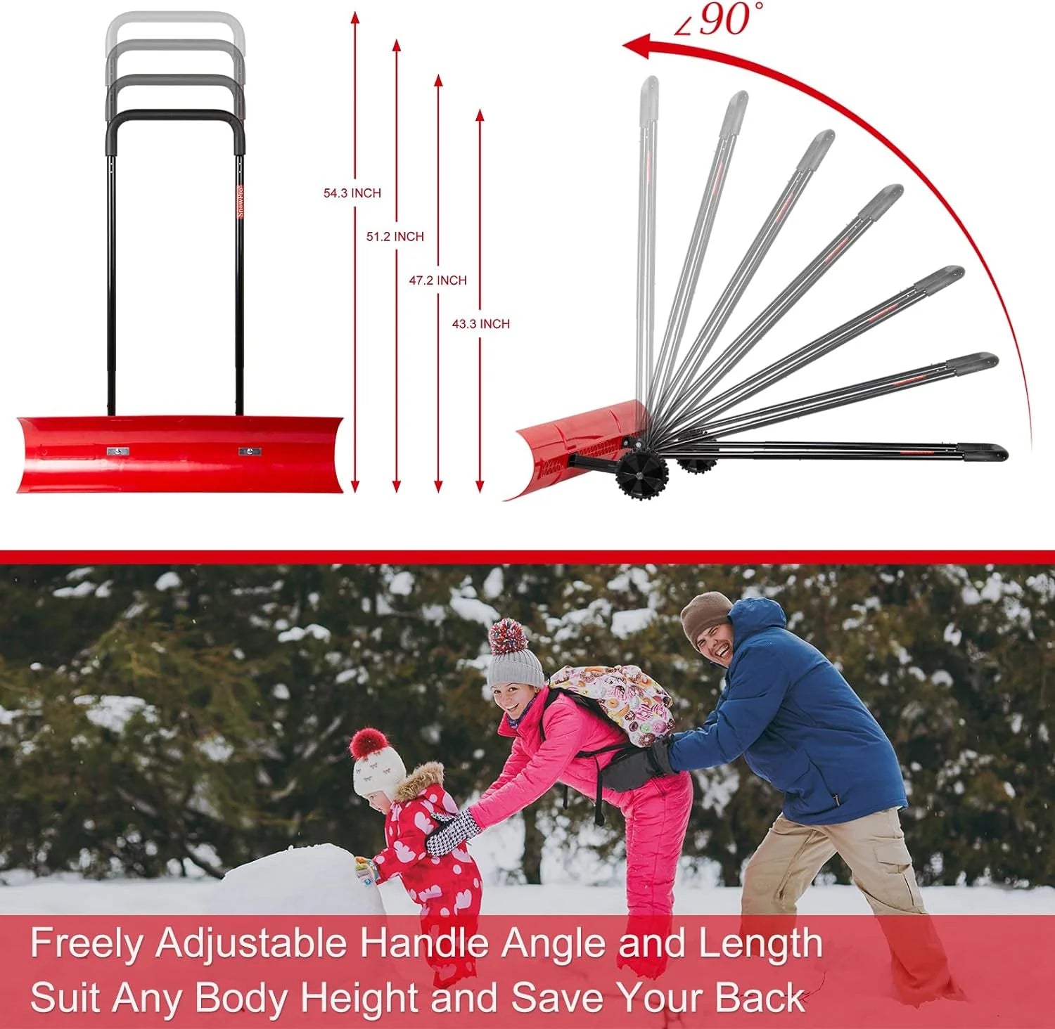 38 Inch Snow Shovel for Driveway,Bi-Direction Heavy Duty Snow Pusher with Wheels and Angled Blade for Efficient Snow Removal, Back Saver Snow Plow for Dorway Sidewalk - Big Wheels