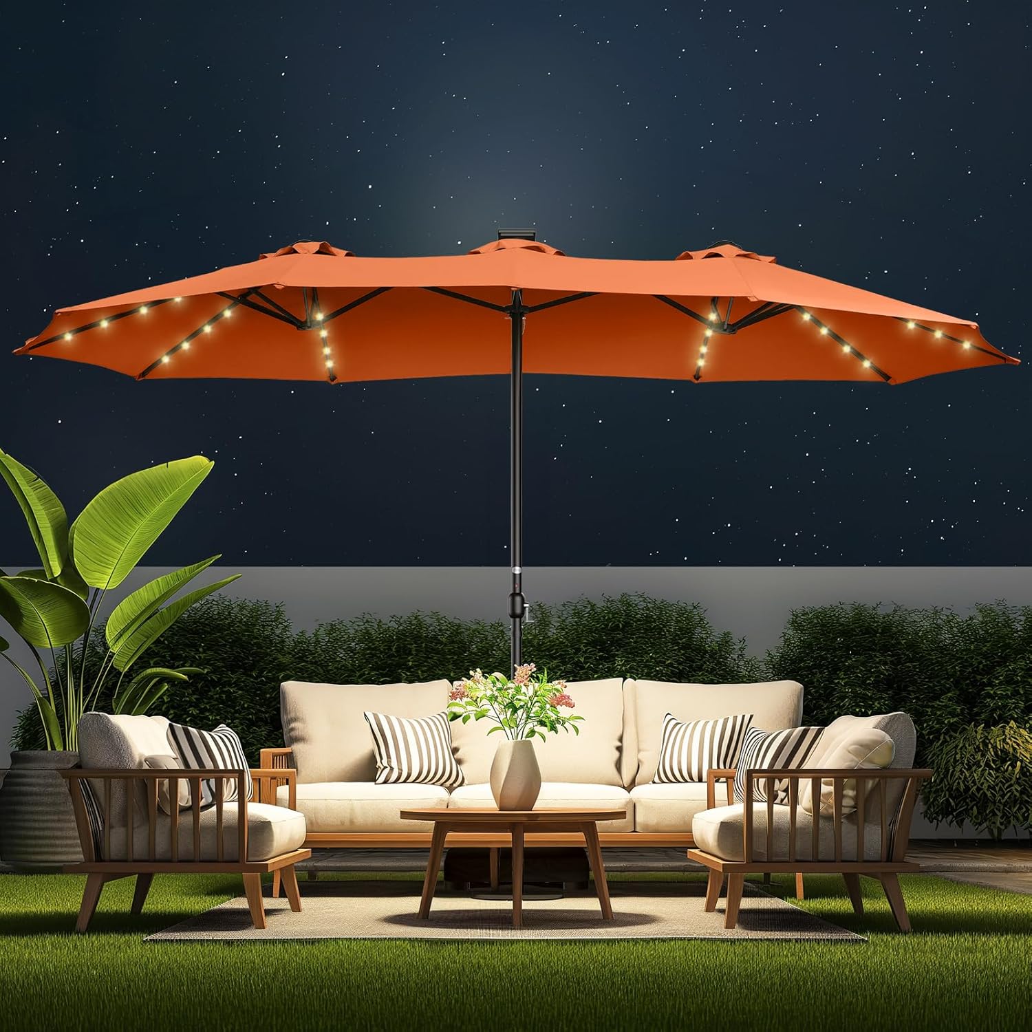 Double Sided Patio Umbrellas - 15ft Solar Lights LED Lighted Outdoor Extra Large Market Table Umbrella with Base Included, Oversized Umbrella for Deck, Pool, Backyard (Beige)(15FT w/Light/Cerulean)