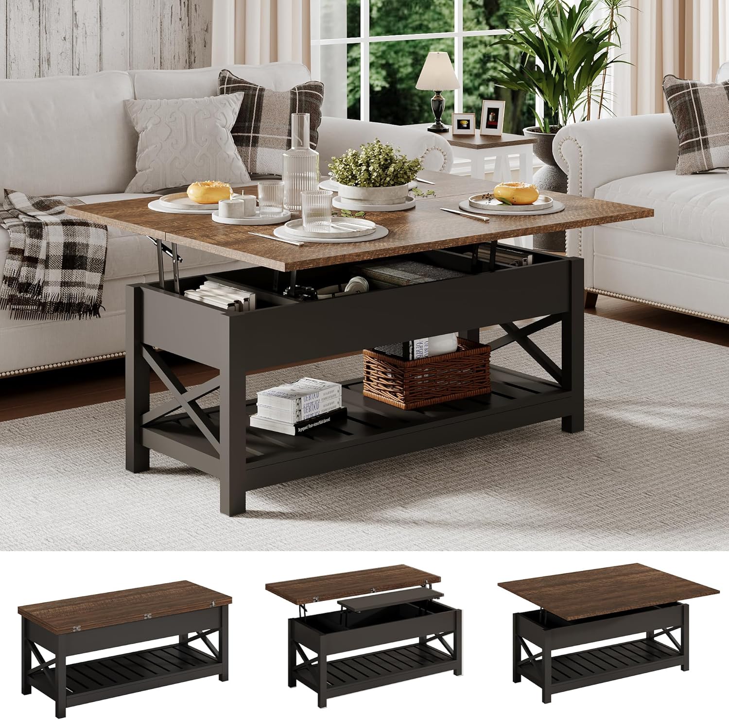 Multi-Function Convertible Coffee Table with Storage and Hidden Compartment, Converts to Dining Table, 40 White  Brown(Black  Espresso)