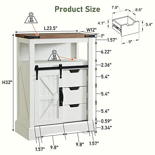 OKD Bathroom Floor Cabinet, Farmhouse Storage Cabinet with Sliding Barn Door  Storage Drawers