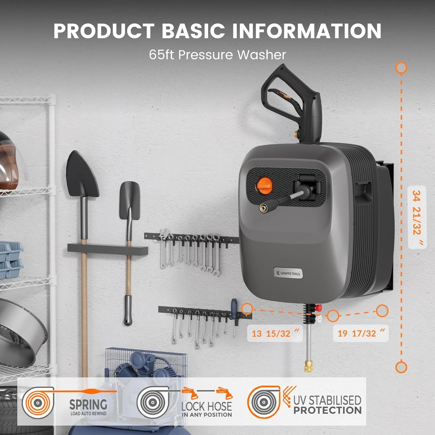 Pressure Washer G20 Pro, 2500 PSI 2.2 GPM, 180° Wall Mounted Power Washer, Auto-retract with 65FT Hose Reel, 5 Nozzles for Floor/Cars/Fences/Patios, Dark Silver(G20 Pro 65ft Ultra-soft Pressure Hose/Light Silver)