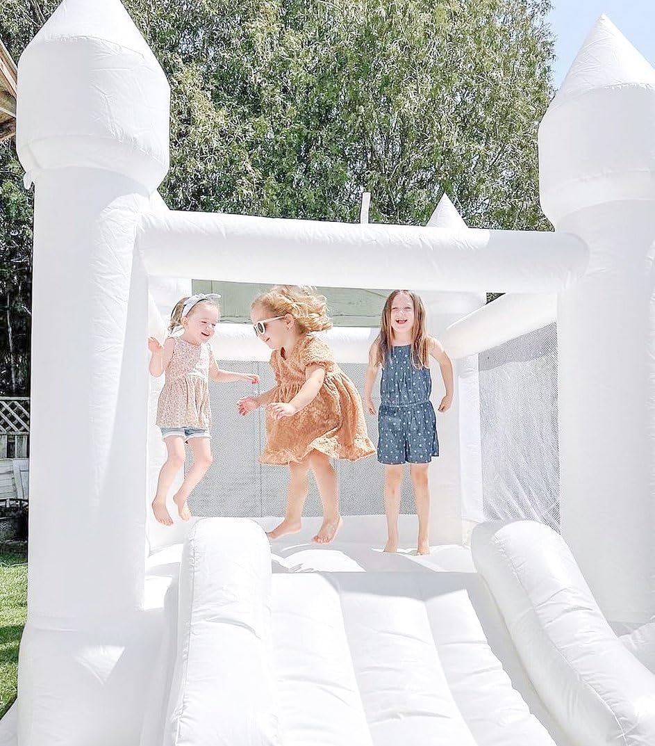 White Bounce House Indoor Outdoor Bouncy Castle for Kids 2-8 Oxford Toddler Bounce House with Slide Balloon  Blower,103 x 71 x 90 inch,Children's Birthday Party Easter Party Gifts
