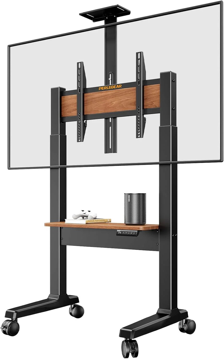 Motorized Mobile TV Stand on Wheels for 37–86 Inch TVs up to 154 lbs, Electric Height Adjustable Rolling TV Stand, VESA 200x200–600x400mm, Wooden Shelf  Panel, PGTVMC26B
