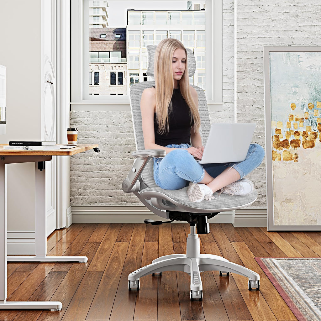 GABRYLLY Ergonomic Office Chair, High Back Home Desk Chair with Headrest, Flip-Up Arms, 90-120° Tilt Lock and Wide Cushion, Big and Tall Mesh Chairs for Man Woman, Black Task Chair(White Frame Orange Mesh)