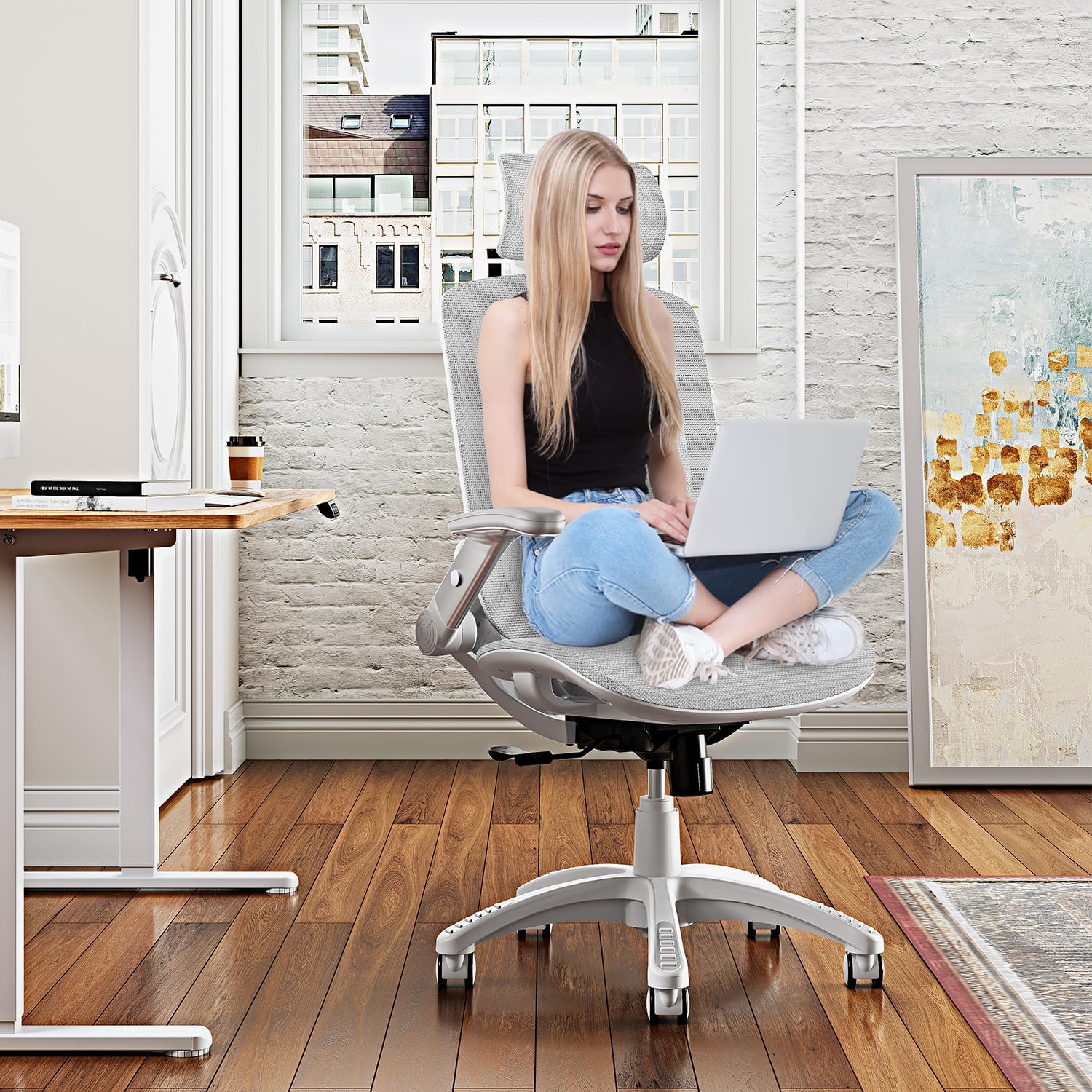 GABRYLLY Ergonomic Office Chair, High Back Home Desk Chair with Headrest, Flip-Up Arms, 90-120° Tilt Lock and Wide Cushion, Big and Tall Mesh Chairs for Man Woman, Black Task Chair(White Frame Orange Mesh)