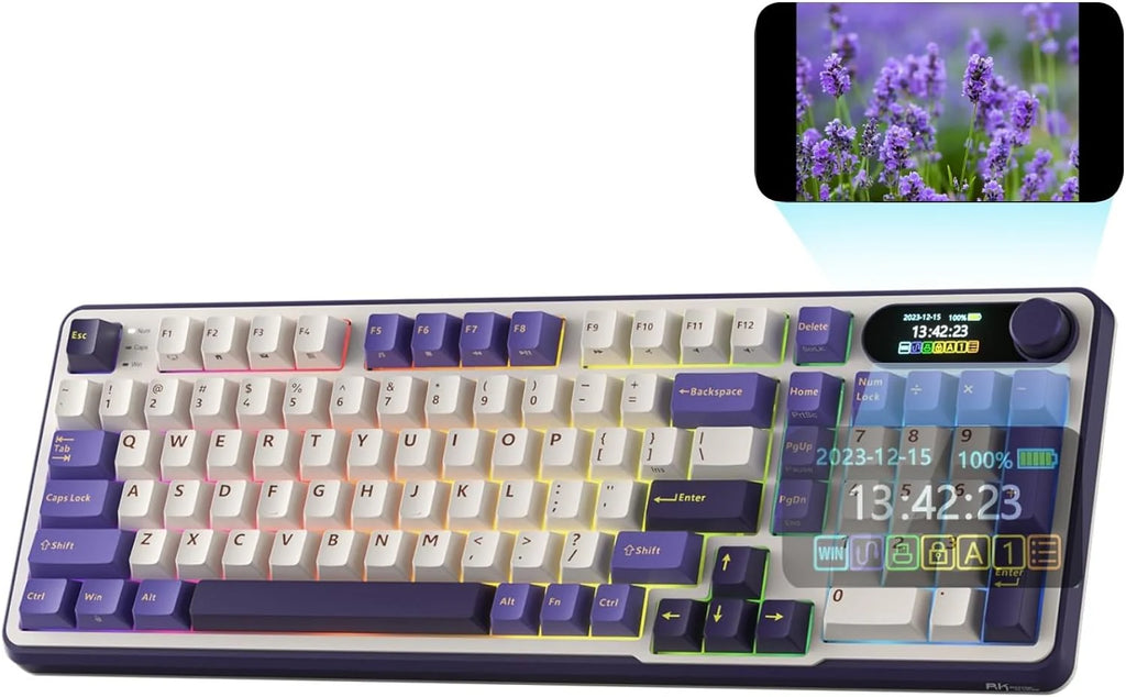 Mechanical Keyboard w/Smart Display  Knob, Top Mount 96% Wireless Mechanical Keyboard BT/2.4G/USB-C, Hot Swappable, Software Support, Creamy Sounding, 98 Keys(Linear Viridian Switch/Lavender Purple)