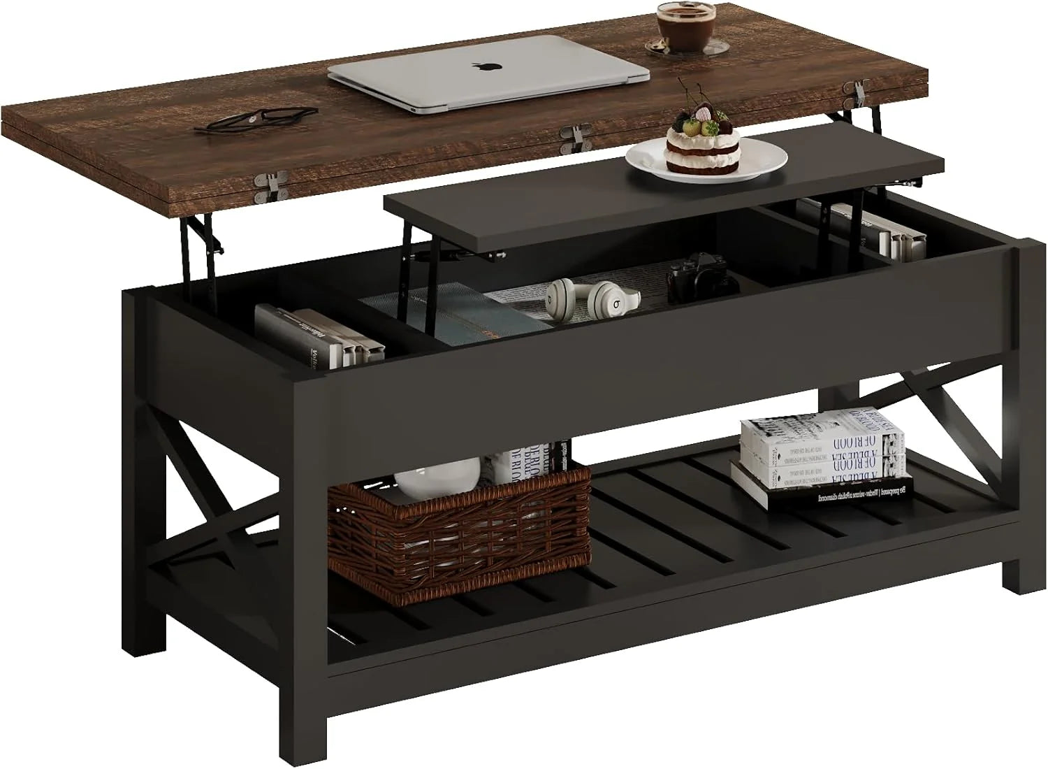 Multi-Function Convertible Coffee Table with Storage and Hidden Compartment, Converts to Dining Table, 40 White  Brown(Black  Espresso)