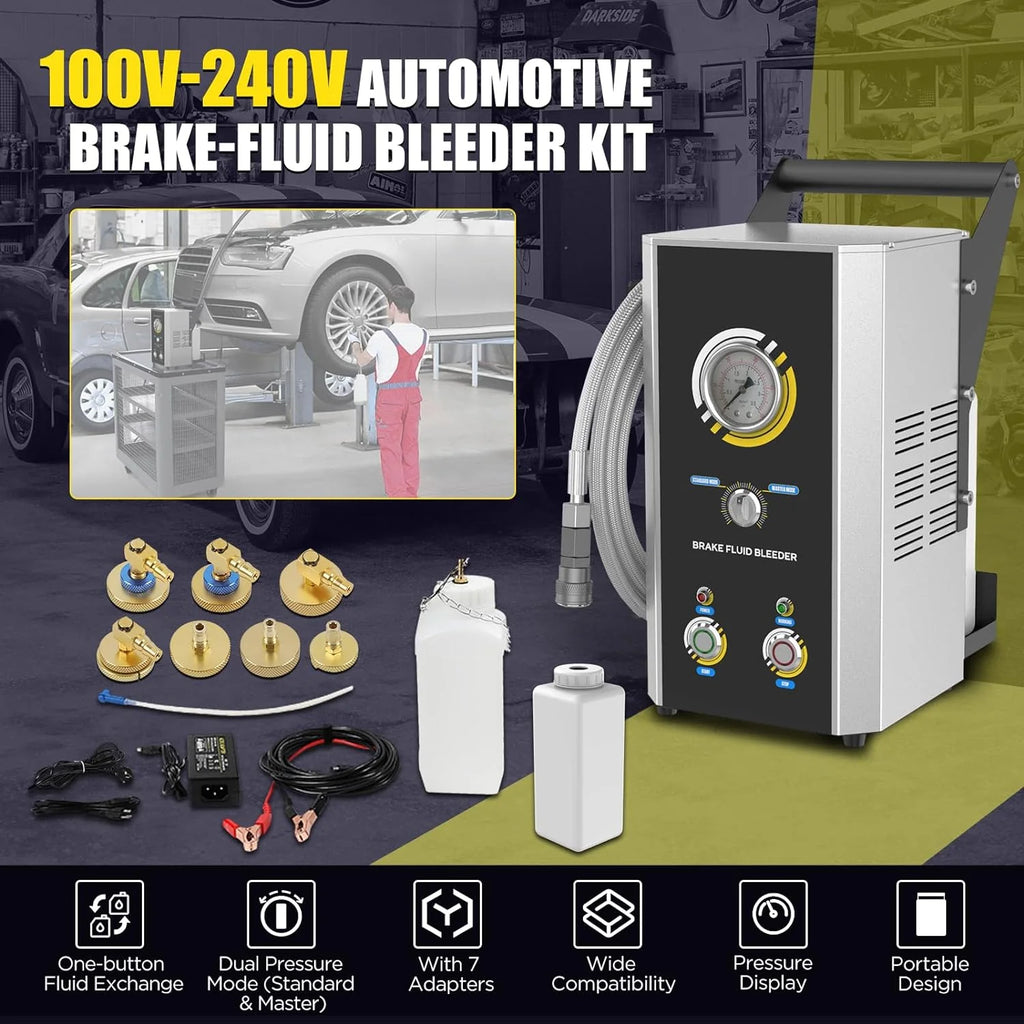 Automotive Brake Bleeder Kit, 100V-240V Electric Brake Bleeding Device, 0~3Bar Brake Fluid Oil Exchanger with 7PCS Master Cylinder Adapter, Pressure Gauge  Portable Carrying Handle