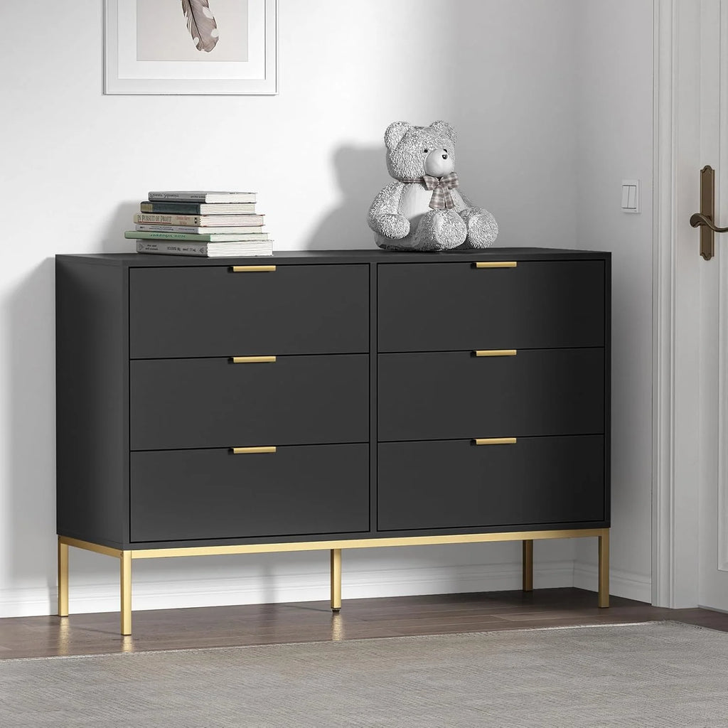 Black Dresser for Bedroom, Modern 6 Drawer Dresser, Chest of Drawers Closet Organizers and Wood Storage Clothes, White Dresser with Golden Handles for Living Room, Hallway
