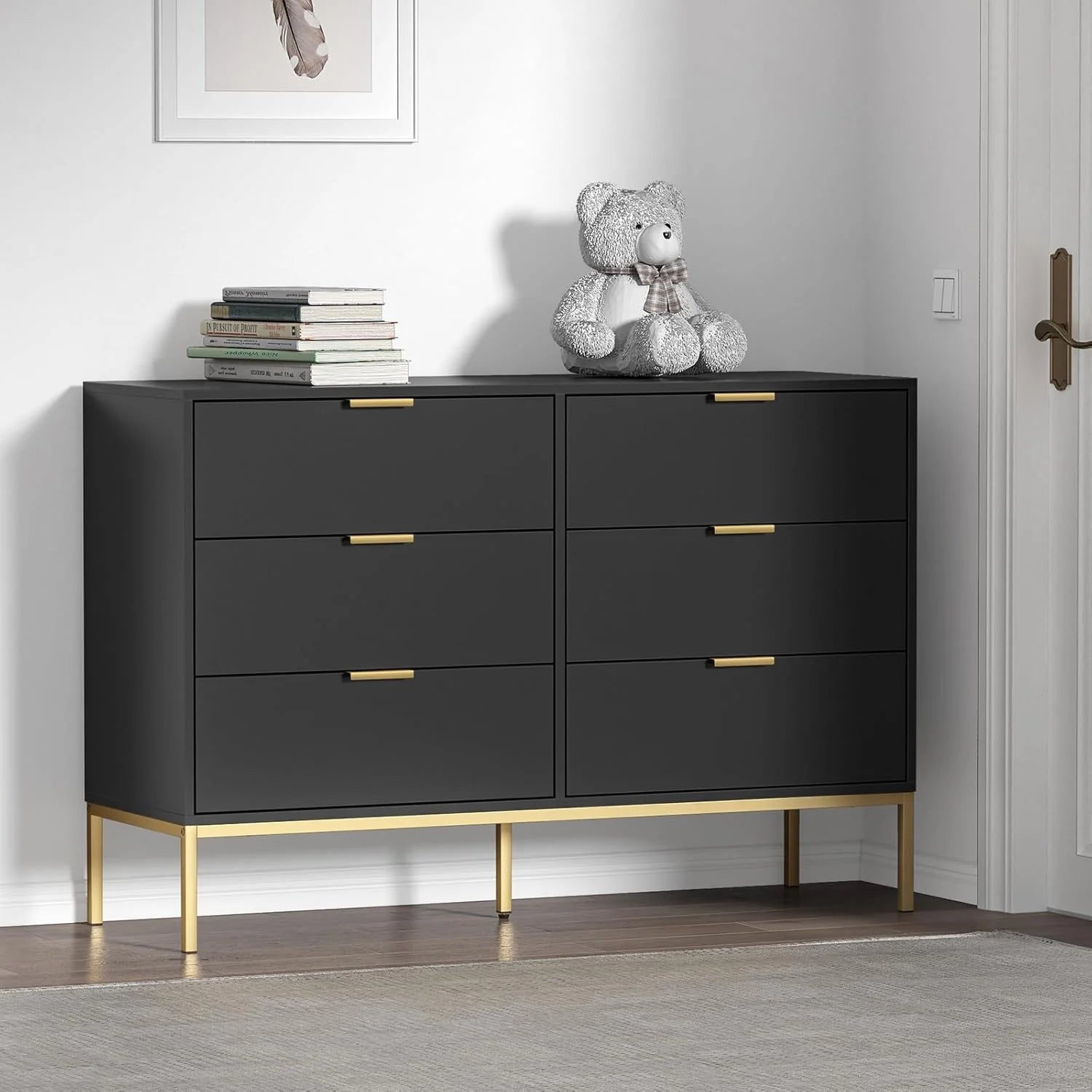 Black Dresser for Bedroom, Modern 6 Drawer Dresser, Chest of Drawers Closet Organizers and Wood Storage Clothes, White Dresser with Golden Handles for Living Room, Hallway