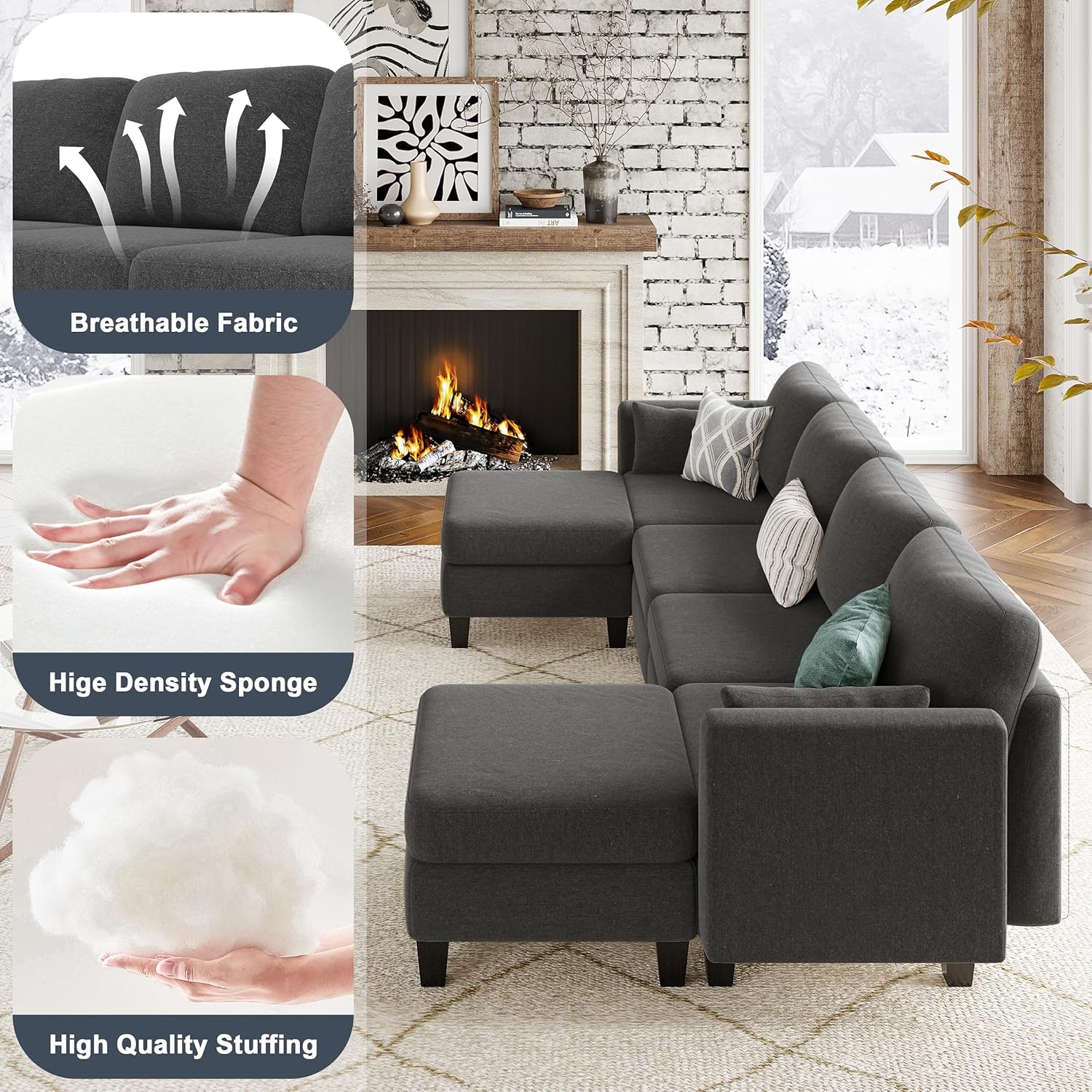 Modular Sectional Sofa, Convertible U Shaped Sofa Couch with High Density Memory Foam, 6 Seat Comfy Modular Sofa Couch for Living Room, Modern U Shaped Sectional Sofa, Dimgrey(Dimgrey)