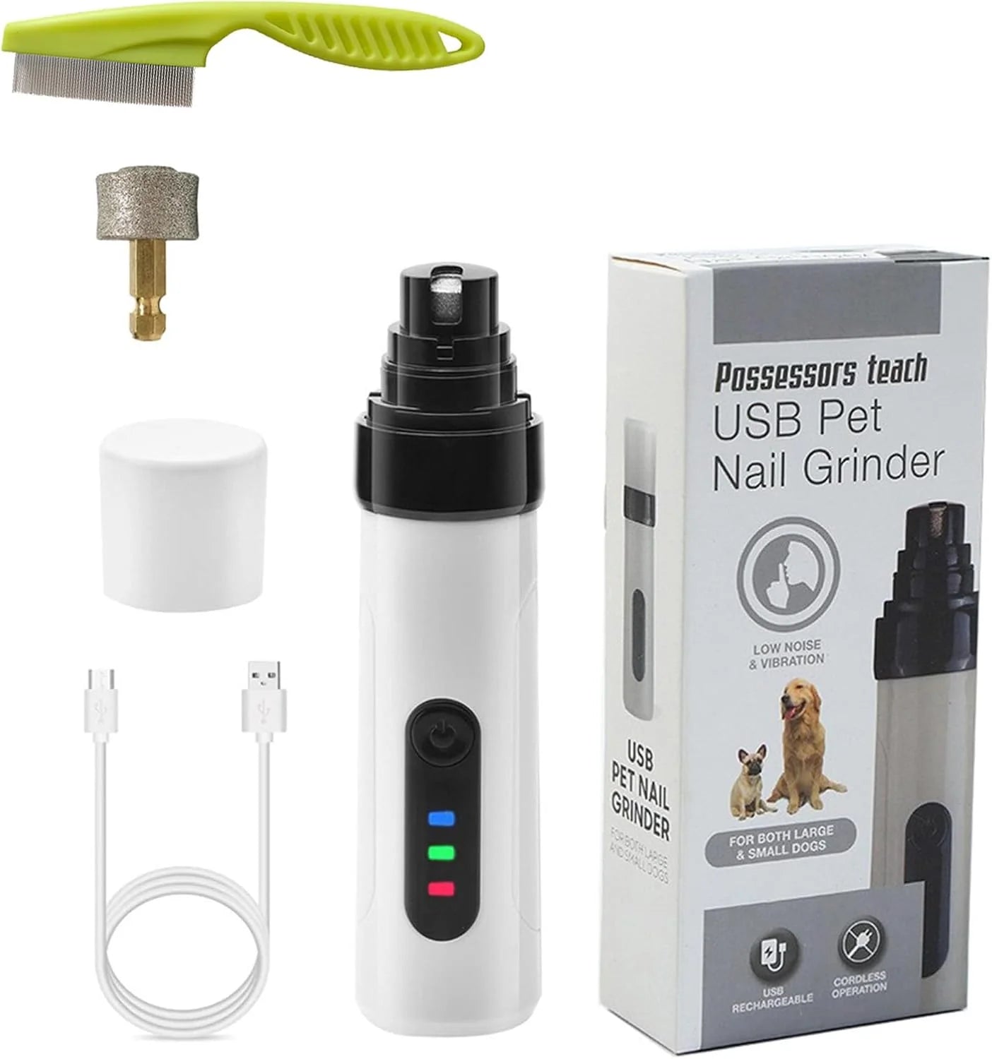 Silent Pet Nail Grinder for Dogs  Cats, Rechargeable with Replaceable Grinding Heads(1pc，2heads)