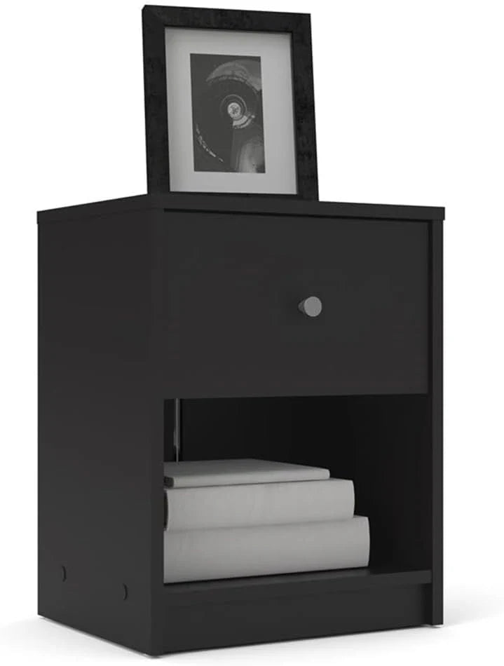 3-Pc Scandinavian Design Engineered Wood Bedroom Furniture Set with 3-Drawer Chest  6-Drawer Double Dresser  1-Drawer Nightstand, Pewter Plastic Handles, Smooth Plastic Glides, in Black(3)