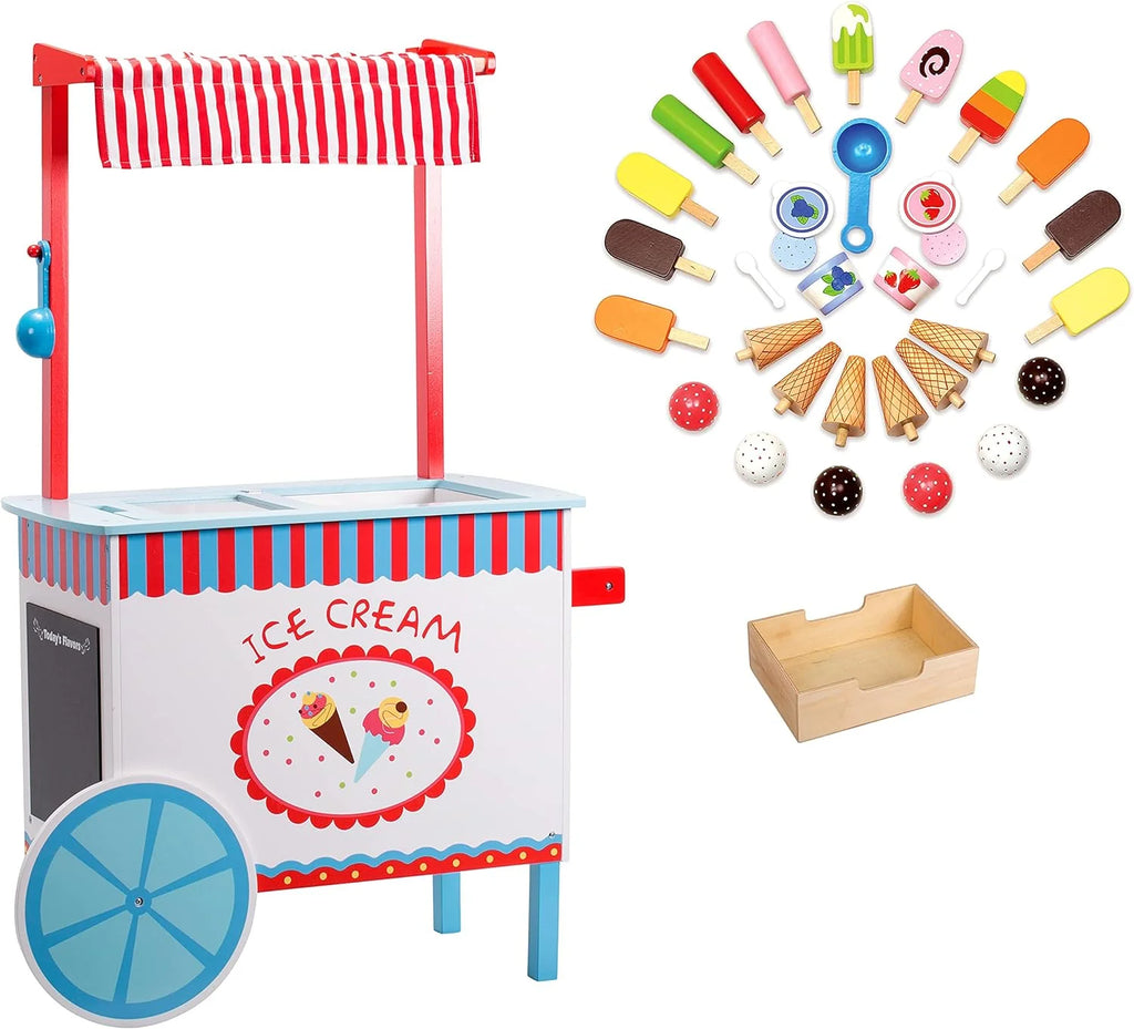 Ice Cream Truck Pretend Play Stand for Kids - High Quality Wooden 33+ Piece Realistic Wooden Toy Set