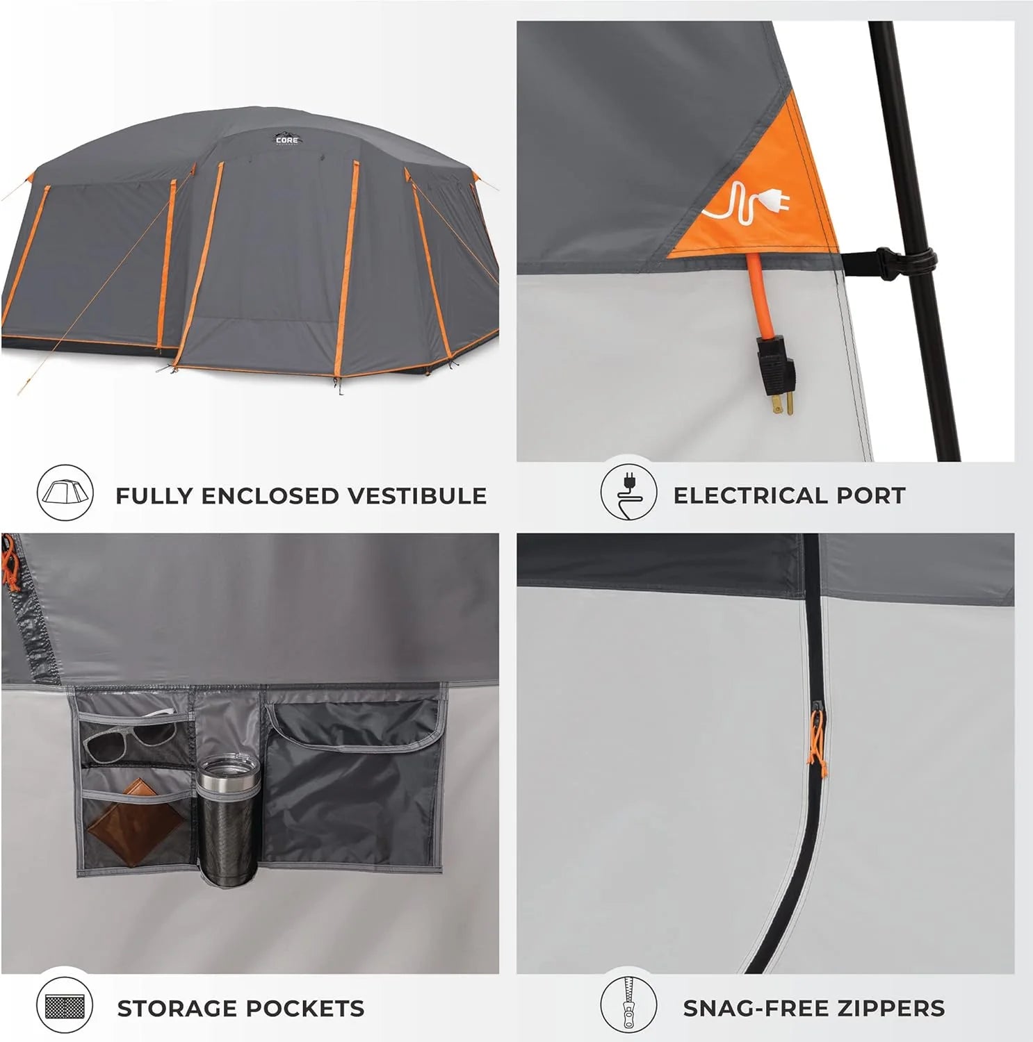 CORE Straight Wall Cabin Tents | 10 Person / 11 Person / 12 Person Large Multi Room Family Tents for Car Camping  Outdoor Adventures(10 Person With Full Rainfly)