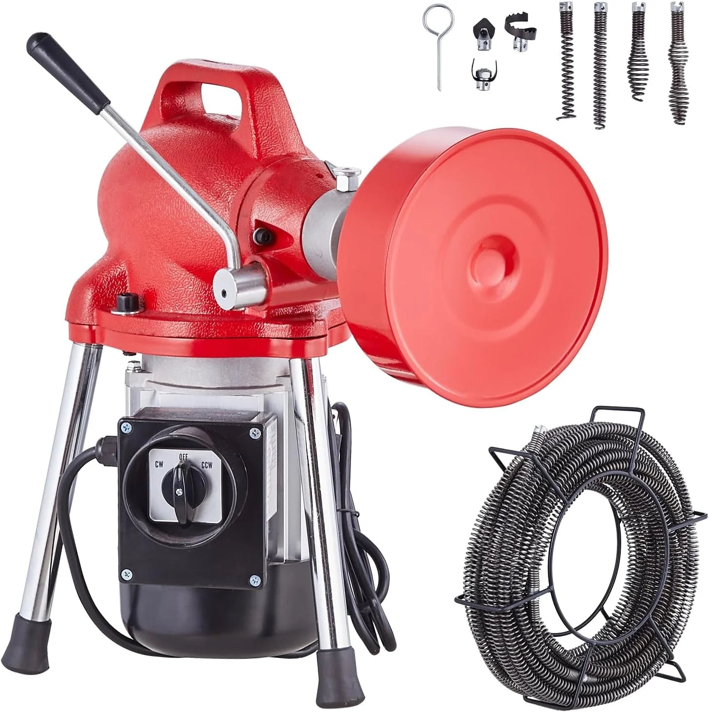 66ft x 5/8in Sectional Sewer Cleaner, 250W Electric Drain Auger with Manual Feeder, 2 Cables, 7 Cutters, Forward/Reverse, for 1.6"-4" Pipes