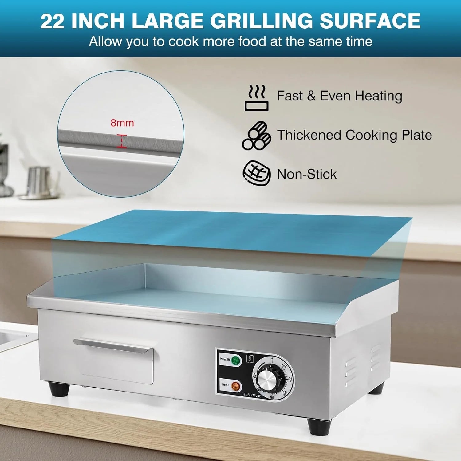 Commercial Griddle Electric 29", 4400W Electric Countertop Griddle Flat Top Grill, Nonstick Stainless Steel Teppanyaki Grill with Dual Temperature Control for Restaurant (Without Plug)(29 Inch/Blue Panel)