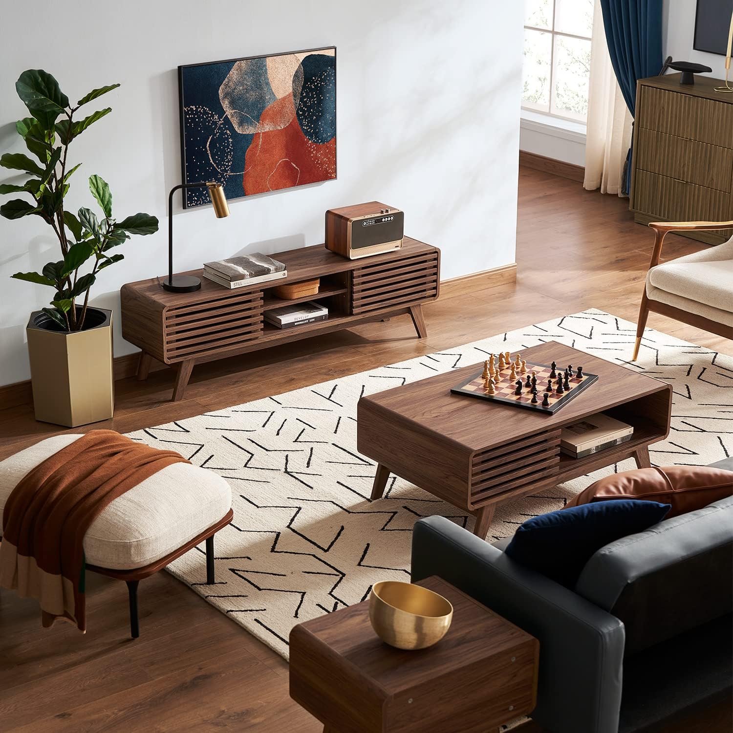Mopio Ensley Mid Century Modern Rectangle Coffee Table with Dual Storage Shelf, Wood Slat Sliding Door,  Rounded Edge Protection for Living Room, Walnut Grain(Round Nesting Tables)