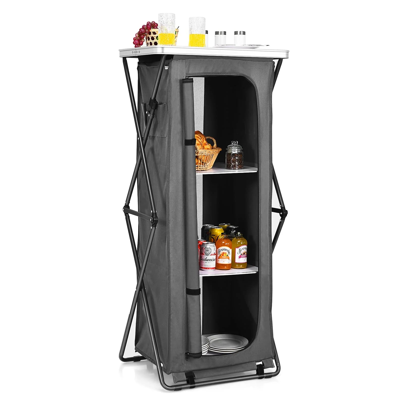 Folding Camping Storage Cabinet, Pop Up Outdoor Camping Kitchen Station with Large 3-Tier Storage Organizer(47)