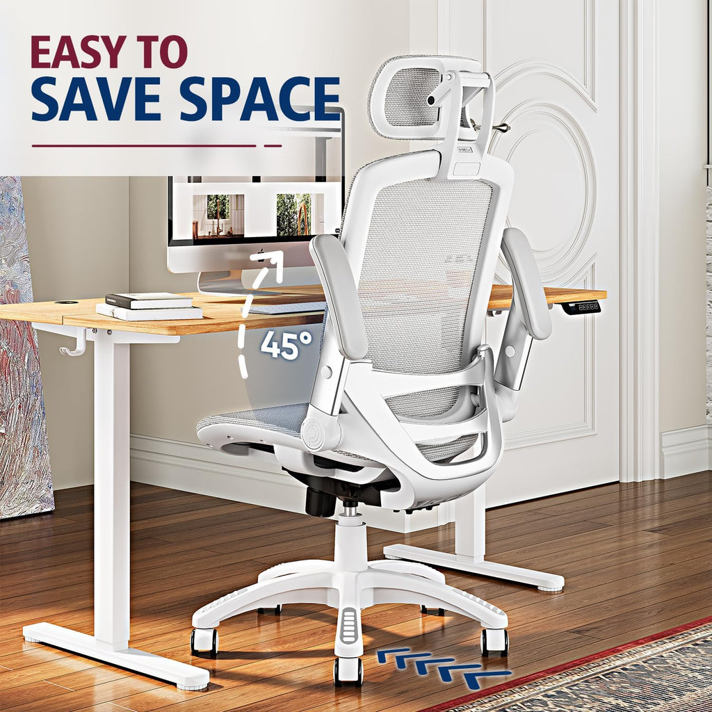 GABRYLLY Ergonomic Office Chair, High Back Home Desk Chair with Headrest, Flip-Up Arms, 90-120° Tilt Lock and Wide Cushion, Big and Tall Mesh Chairs for Man Woman, Black Task Chair(White Frame Orange Mesh)