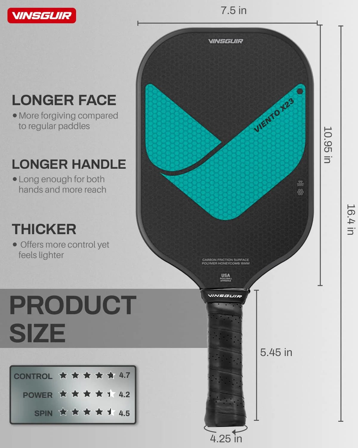 Pickleball Paddle, 16MM Carbon Fiber Pickleball Paddle with Longer Handle, Elongated Paddle with SpinFlex Surface, Power, Hybrid  Control Paddles for Advancer  Professional(T300- 16MM-CFS-High Grit  Spin)