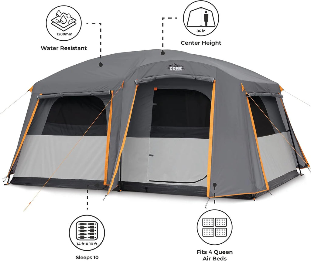CORE Straight Wall Cabin Tents | 10 Person / 11 Person / 12 Person Large Multi Room Family Tents for Car Camping  Outdoor Adventures(10 Person With Full Rainfly)