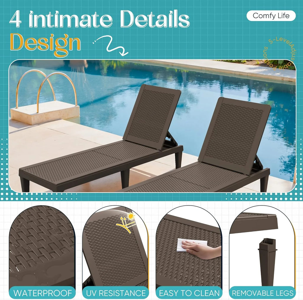 Outdoor Chaise Lounge Chair Set of 2 for Patio Poolside, Waterproof  Adjustable  Easy Assembly Sun Lounger for Outside Deck, Pool, Beach, Black(Set of 4/Brown)