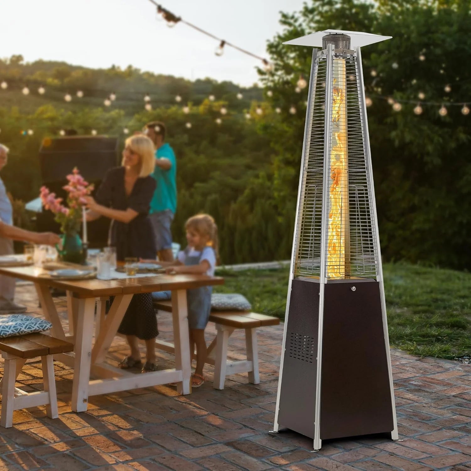 Pyramid Patio Propane Heater，48,000 BTU Outdor Patio Flame Heater， With Wheels,Waterproof Cover Quartz Glass Tube Propane Heater for Patio, Party, Backyard, Garden, Decoration(Bronze)(Bronze)