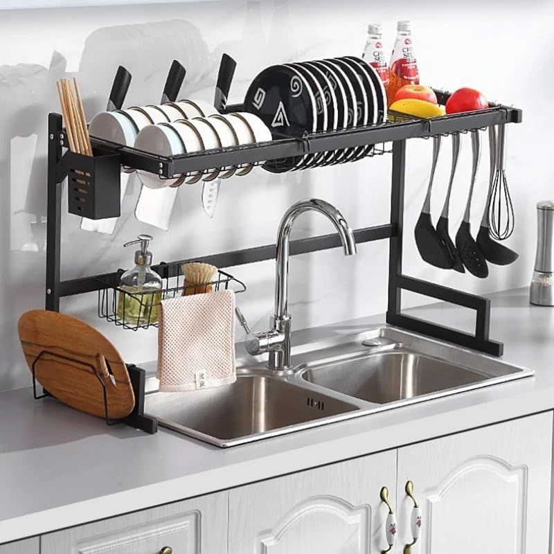 85CM Dish Drying Rack Kitchen Over The Sink Dish Drain Rack Utensil Holder Double Sink Stainless Steel Matt Black kitchen(85cm)