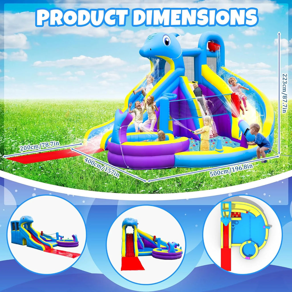 11-in-1 Inflatable Water Slide  Dolphin Bounce House w/2 Long Slides, 19.7 Ft x 13.1 Ft Extra Large Waterslide Climbing Wall w/Small Deeper Pool,Water Cannons,Hoop for Kids Backyard,550W Blower