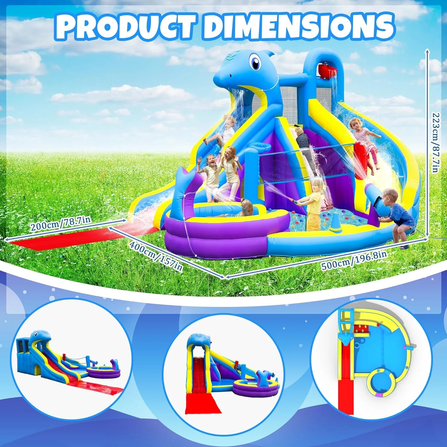 11-in-1 Inflatable Water Slide  Dolphin Bounce House w/2 Long Slides, 19.7 Ft x 13.1 Ft Extra Large Waterslide Climbing Wall w/Small Deeper Pool,Water Cannons,Hoop for Kids Backyard,550W Blower