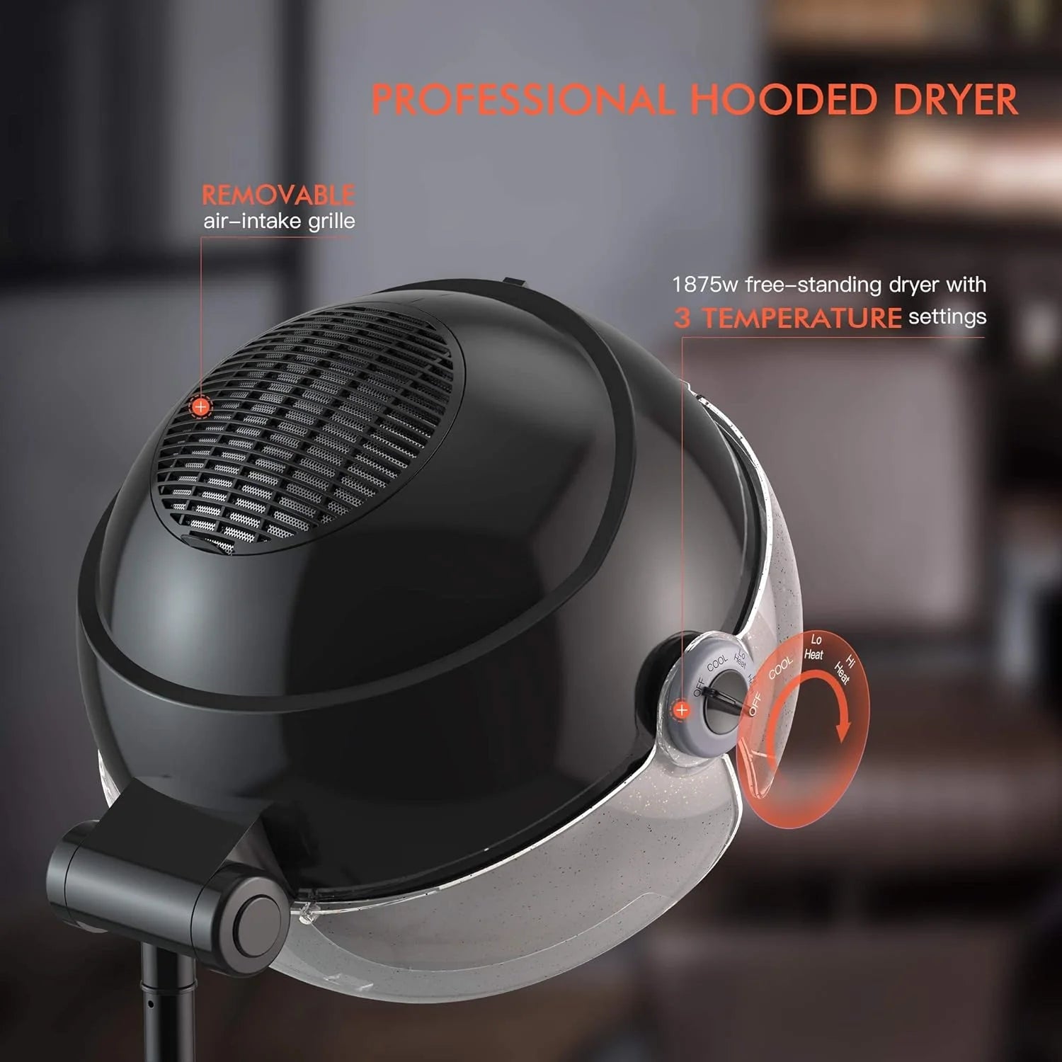 Hooded Dryer - 1875W Bonnet Hair Dryer - Sit Under Hair Dryer for Home and Salon - Auto Hair Dryer Hood with 3 temperature settings - Standing Hair Dryer - Portable Hair Dryer(Transparency)