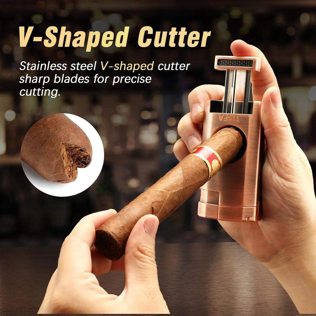 Cigar Humidor, Leather Cedar Wood Cigar Case with Cigar Lighter, V Cut Cigar Cutter, Cigar Holder 3 in 1, Portable Travel Cigar Humidor Box with Humidifier (Black)(Brown)
