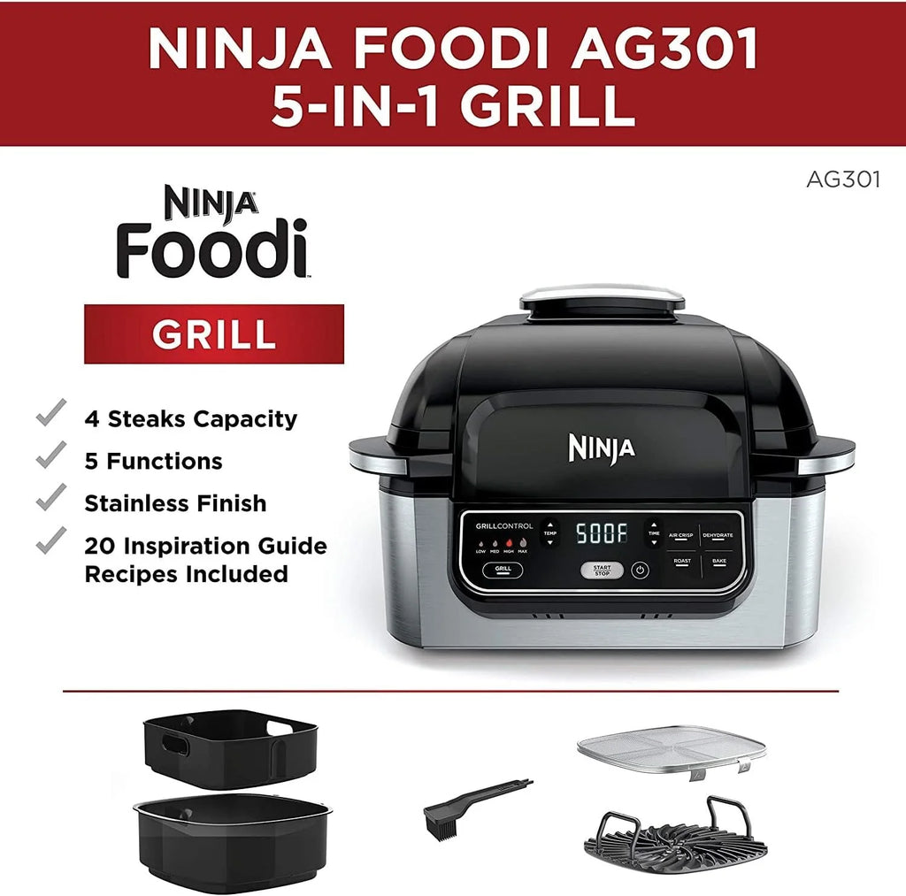 5-in-1 Indoor Electric Grill with Air Fry, Roast, Bake  Dehydrate - Programmable, Black/Silver(Black/Silver/4-Quart)