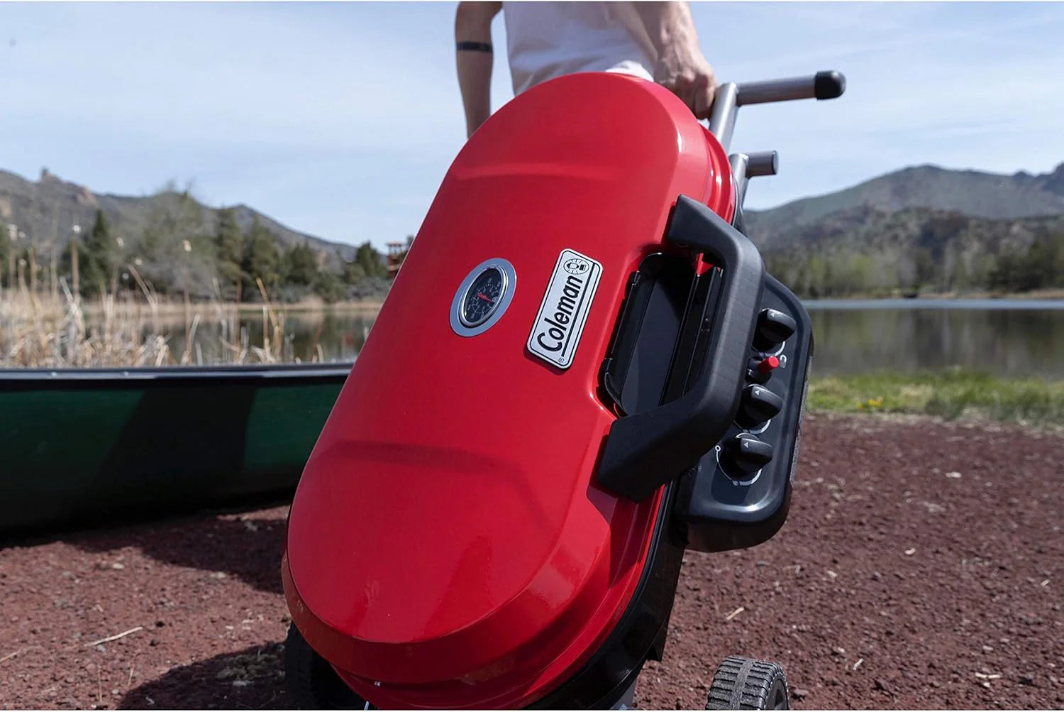 RoadTrip Portable Stand-Up Propane Grill with 3 Adjustable Burners  Instastart Ignition, 20,000 BTUs of Power for Outdoor Cooking(Red)