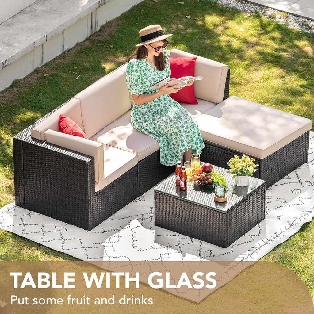 Devoko 5 Pieces Patio Furniture Sets All Weather Outdoor Sectional Patio Sofa Manual Weaving Wicker Rattan Patio Seating Sofas with Cushion and Glass Table(Beige)(Blue/5 Pieces set)