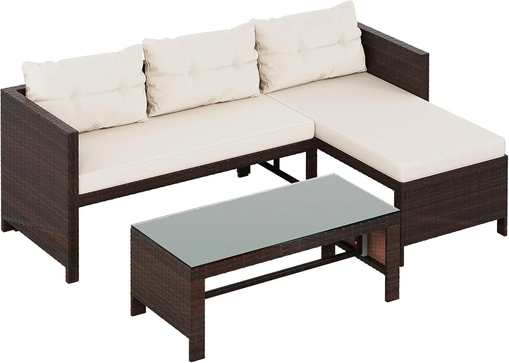 Outdoor Patio Furniture Sets, Wicker Patio sectional Sets 3-Piece, All Weather Wicker Rattan Patio Seating Sofas with Glass Coffee Table and Cushion (Beige)(Beige Cushion)