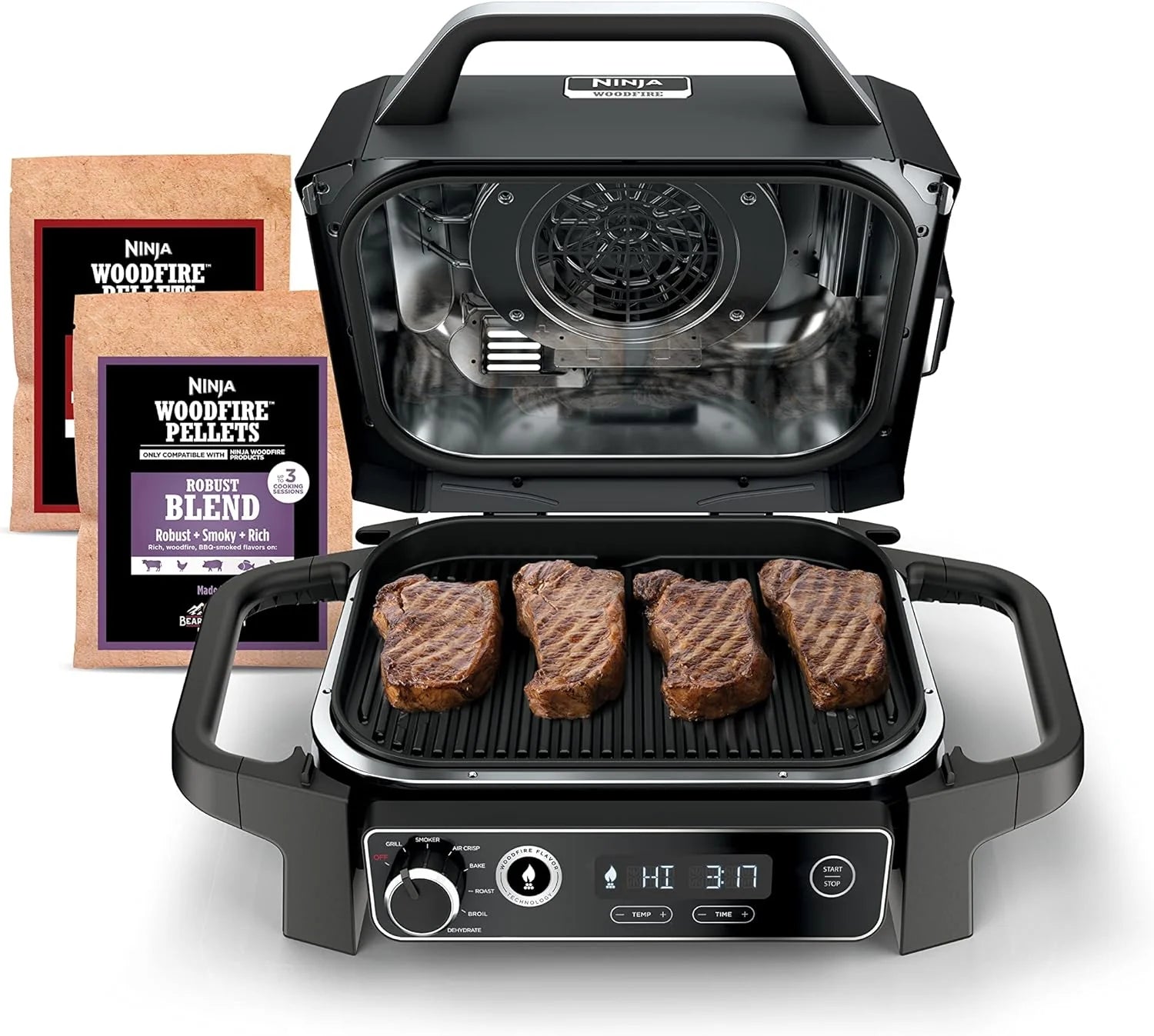 7-in-1 Grill  Smoker with Thermometer, Air Fryer, BBQ, Bake, Roast, Broil - Portable Electric Outdoor Grill, Grey(XL Grill + Thermometer)