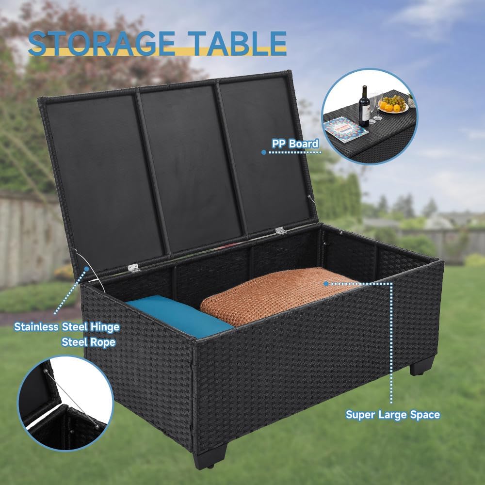 6 Pieces Outdoor Patio Furniture Sets with Furniture Cover, PE Rattan Wicker Patio Conversation Set with Tea Table (Peacock Blue, Rattan Storage Table)(Peacock Blue/Rattan Storage Table)
