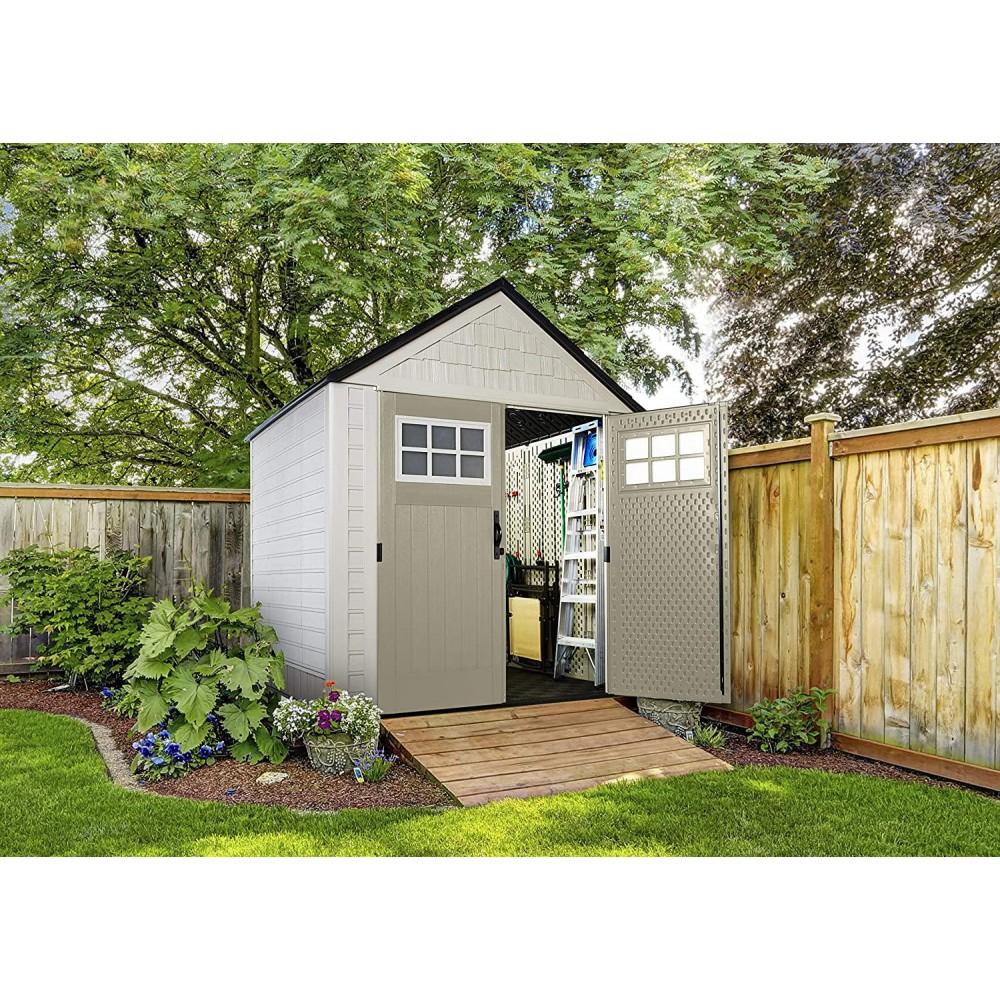 Rubbermaid 77 Ft Durable Weather Resistant Resin Outdoor Garden Storage Shed with Windows and Utility Hooks, Sand