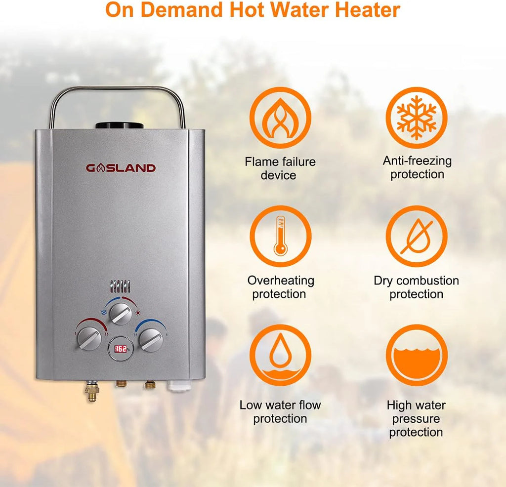 Portable Tankless Water Heater, Outdoors 6L 1.58GPM Propane Water Heater for RV Camping, Overheating Protection(2.64 GPM/10L/Silver)