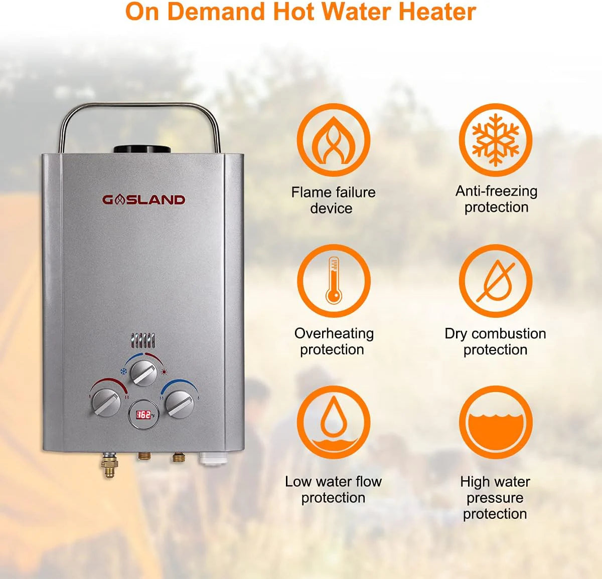 Portable Tankless Water Heater, Outdoors 6L 1.58GPM Propane Water Heater for RV Camping, Overheating Protection(2.64 GPM/10L/Silver)
