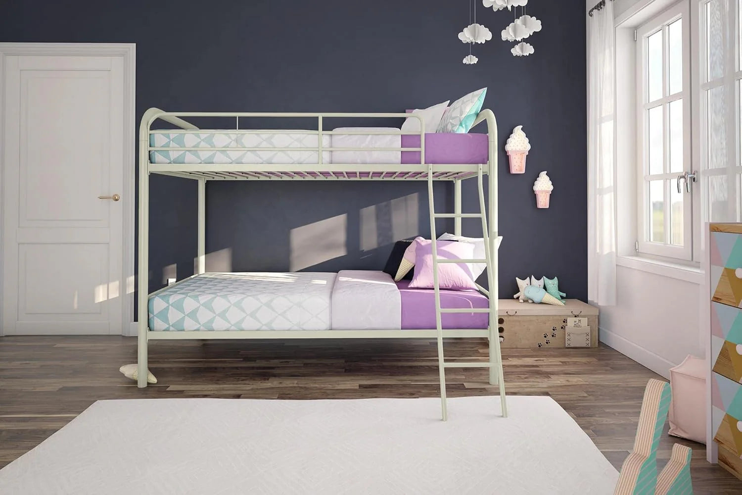 DHP Dusty Twin Over Full Metal Bunk Bed, Off White(Twin/Twin/Silver)