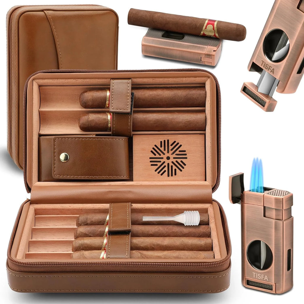 Cigar Humidor, Leather Cedar Wood Cigar Case with Cigar Lighter, V Cut Cigar Cutter, Cigar Holder 3 in 1, Portable Travel Cigar Humidor Box with Humidifier (Black)(Brown)