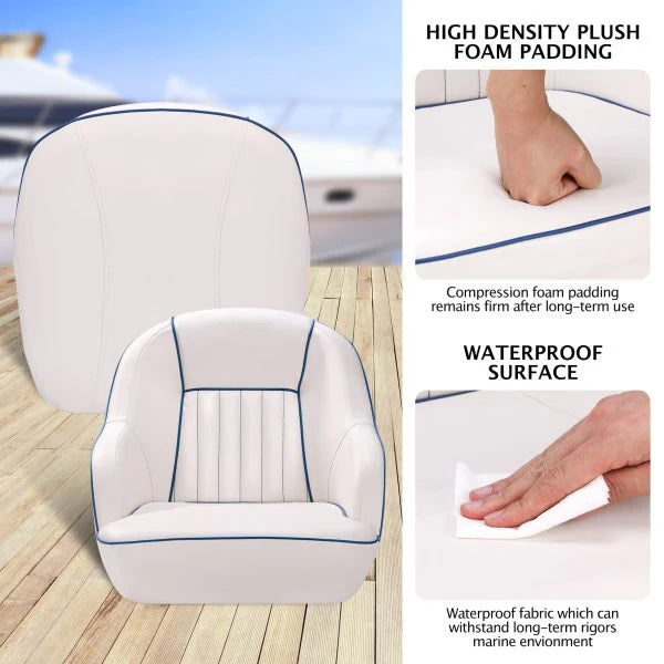 Pontoon Boat Seat, Captains Bucket Boat Seat, Back Folding Boat, Boat Cabin Seating  White  Blue