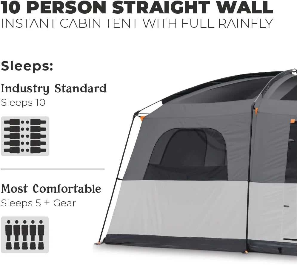 CORE Straight Wall Cabin Tents | 10 Person / 11 Person / 12 Person Large Multi Room Family Tents for Car Camping  Outdoor Adventures(10 Person With Full Rainfly)
