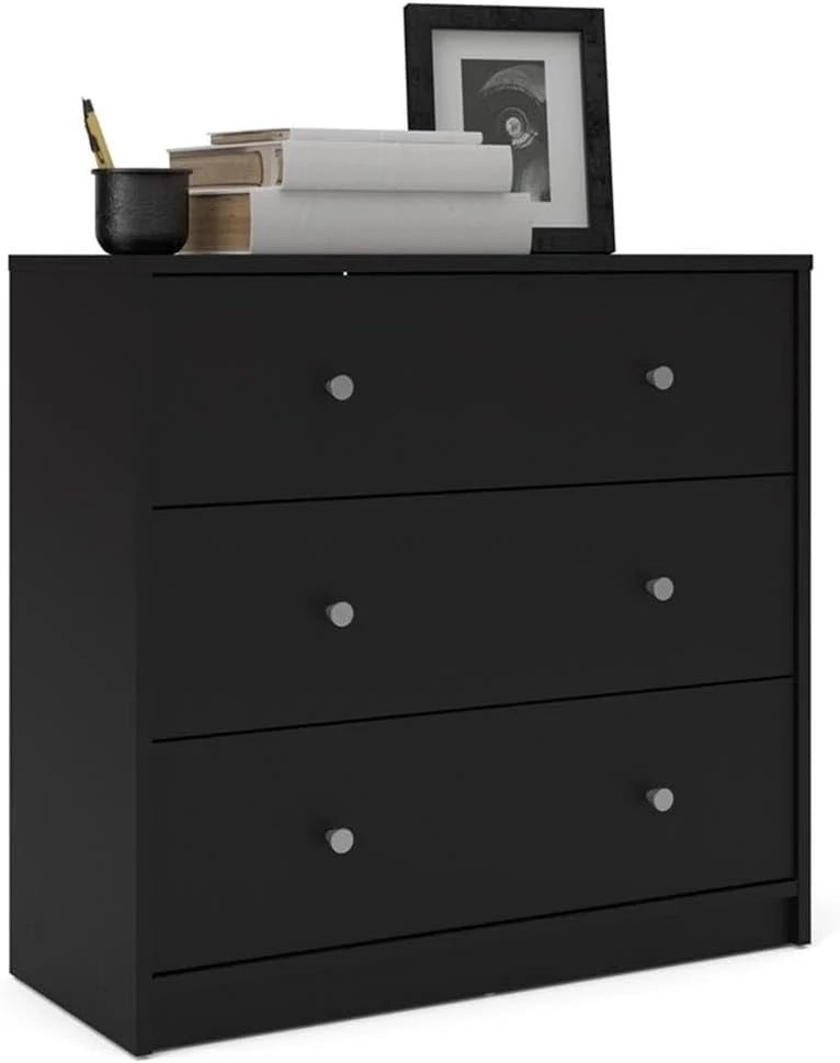 3-Pc Scandinavian Design Engineered Wood Bedroom Furniture Set with 3-Drawer Chest  6-Drawer Double Dresser  1-Drawer Nightstand, Pewter Plastic Handles, Smooth Plastic Glides, in Black(3)