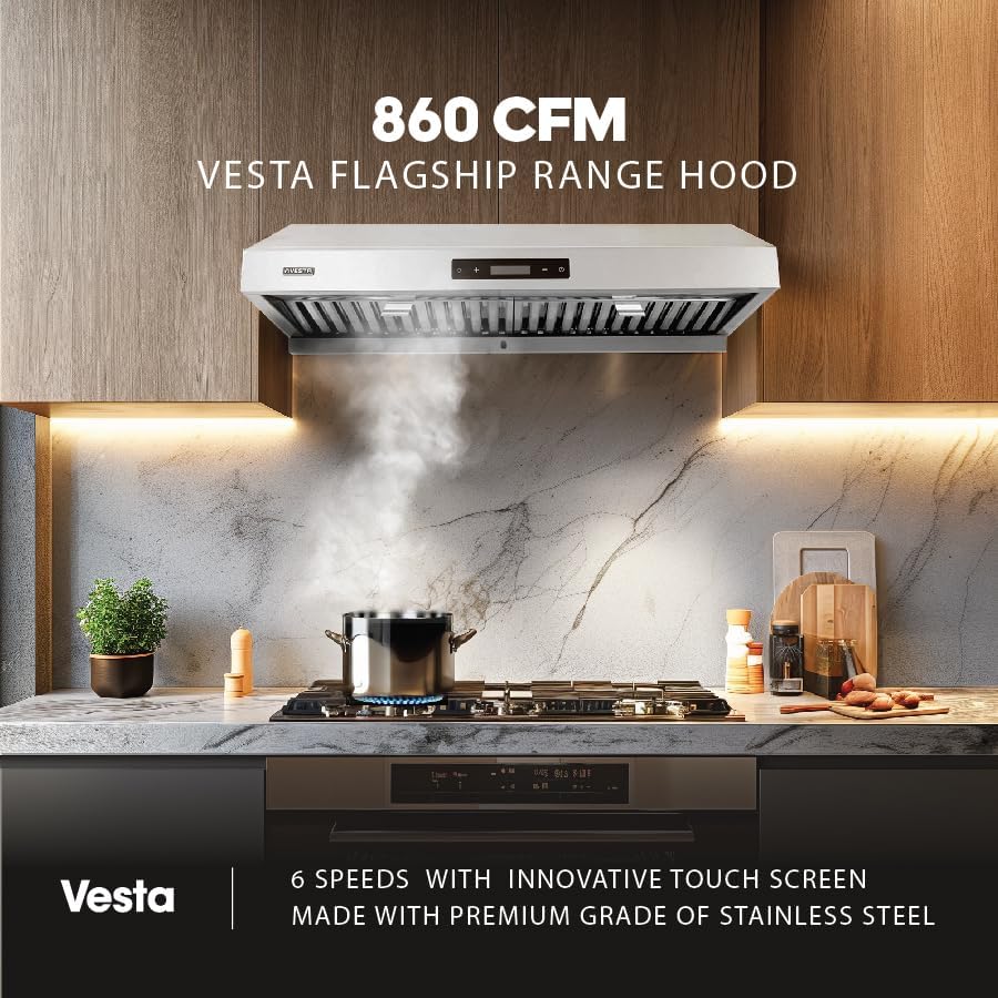 Powerful 30 Inch Under Cabinet Range Hood With Seamless Stainless Steel Body, Twin Turbo Motors, 3 Speed Touch Screen, Round Vent, Baffle Filters, LED Lights, Oil Collector(850 CFM)