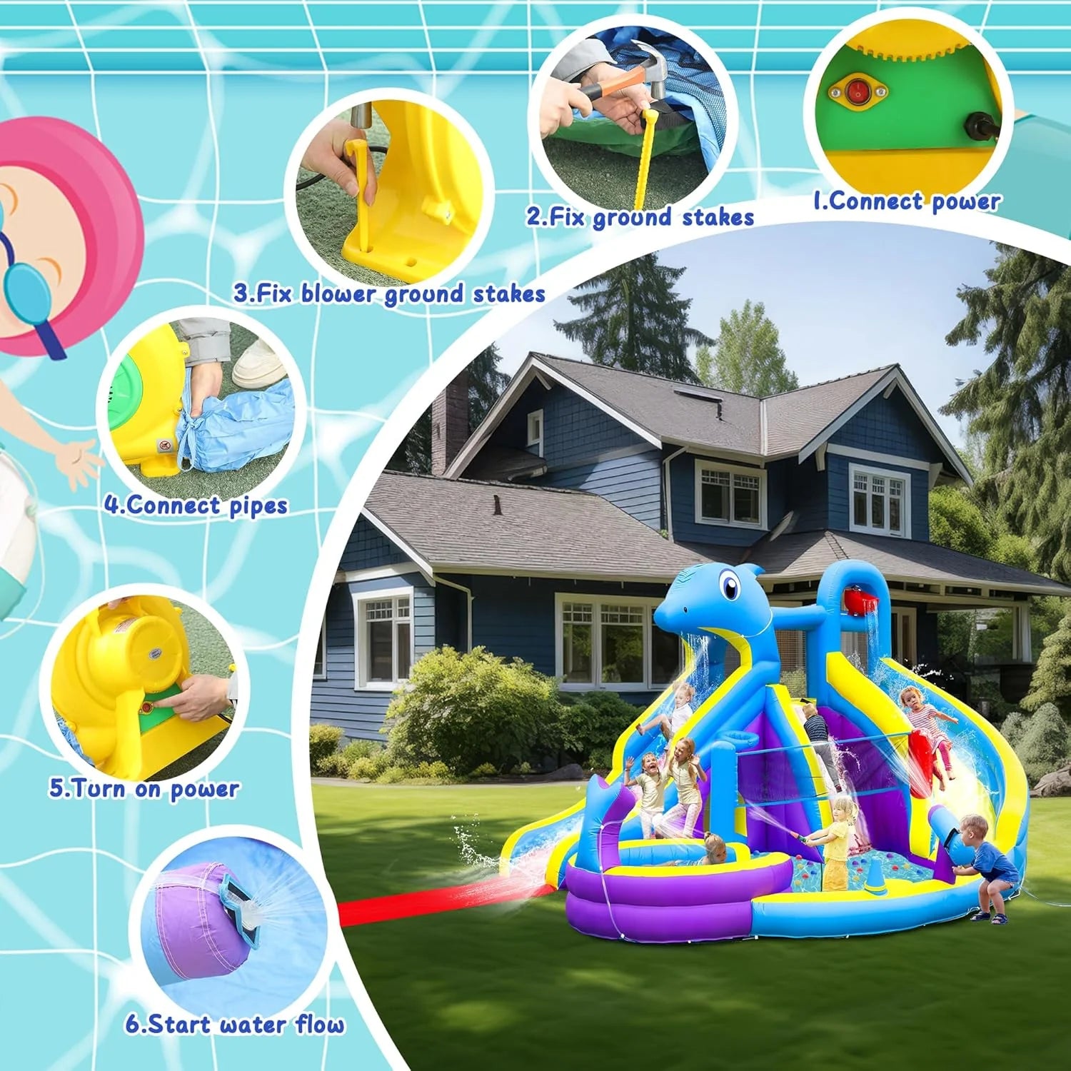11-in-1 Inflatable Water Slide  Dolphin Bounce House w/2 Long Slides, 19.7 Ft x 13.1 Ft Extra Large Waterslide Climbing Wall w/Small Deeper Pool,Water Cannons,Hoop for Kids Backyard,550W Blower